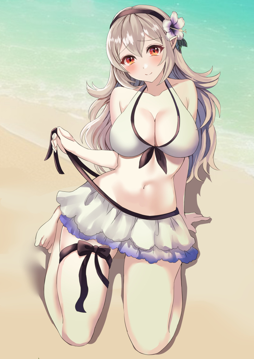 1girl 1girl 1girl alluring alternate_costume bare_legs barefoot beach big_breasts bikini bikini_skirt cleavage corrin_(fire_emblem) corrin_(fire_emblem)_(female) corrin_(summer)_(fire_emblem)_(female) female_only fire_emblem fire_emblem_fates fire_emblem_heroes flower hair_between_eyes hair_flower hairband kneel legs long_hair looking_at_viewer nintendo ocean official_alternate_costume outside pointy_ears red_eyes smile swimsuit tara_(szzj7733) undressing untied untied_bikini water white_bikini white_swimsuit