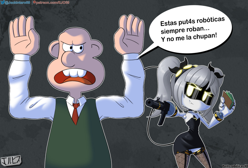 clothing crossover digital_media_(artwork) disassembly_drone dress fanart fishnets glitch_productions grey_hair gun human j_(murder_drones) jackintaro machine_gun meme murder_drones prostitute prostitution ribbons robot robot_girl shitpost simple_background smile spanish_text stockings text twin_tails wallace_and_gromit wallet yellow_eyes