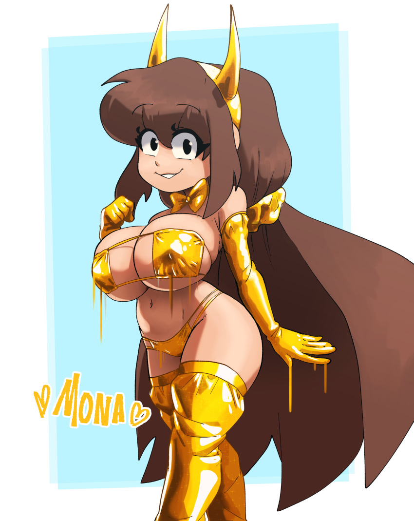 belly_button big_breasts bowtie brown_hair coolerinker eyepatch_bikini gold_bikini golden_week horns horns_hairband inker_comics inkershike long_gloves long_hair melting_clothes mona_(inker_comics) socks stockings thick_thighs wide_hips