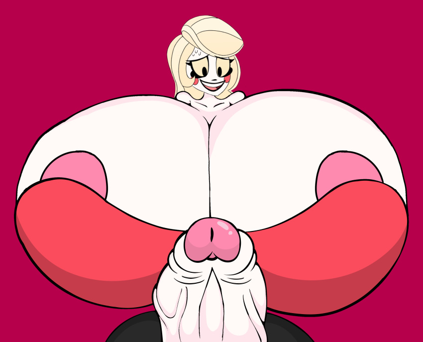 bearalphar34fan_v2 charlie_morningstar_(hazbin_hotel) clothed futanari half_naked hazbin_hotel huge_penis hyper_breasts red_background tagme white_skin