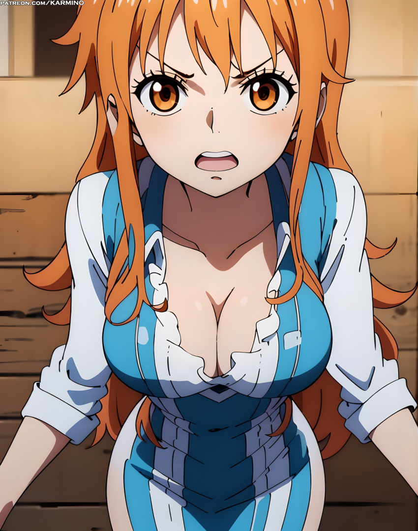 1girl 1girl 1girl ai_generated bangs big_breasts blue_dress blush breasts brown_eyes clavicle cleavage clothing dress indoors karmino long_hair looking_at_viewer nami nami_(one_piece) one_piece open_mouth orange_eyes orange_hair shirt teeth