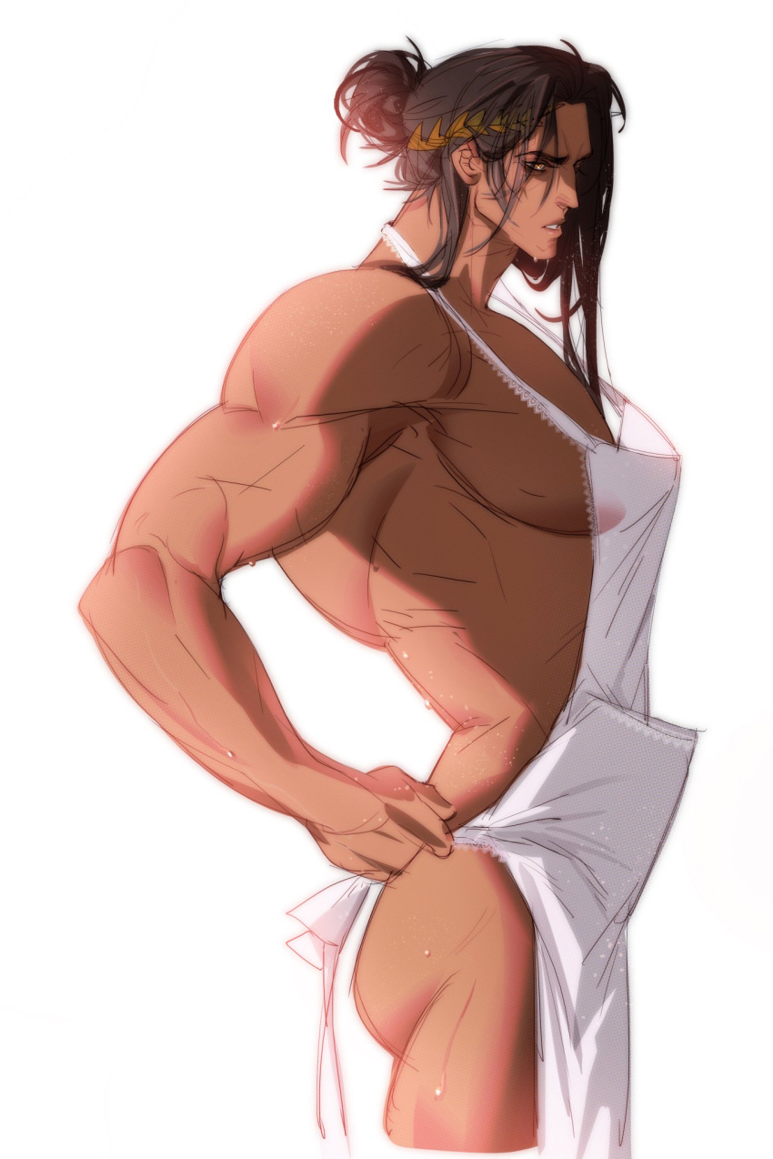 apron apron_only artist_request black_hair flybird651028_(twitter) god-emperor_of_mankind long_hair looking_at_viewer muscular muscular_male naked_apron nude_male tanned tanned_skin tied_hair warhammer_(franchise) warhammer_40k