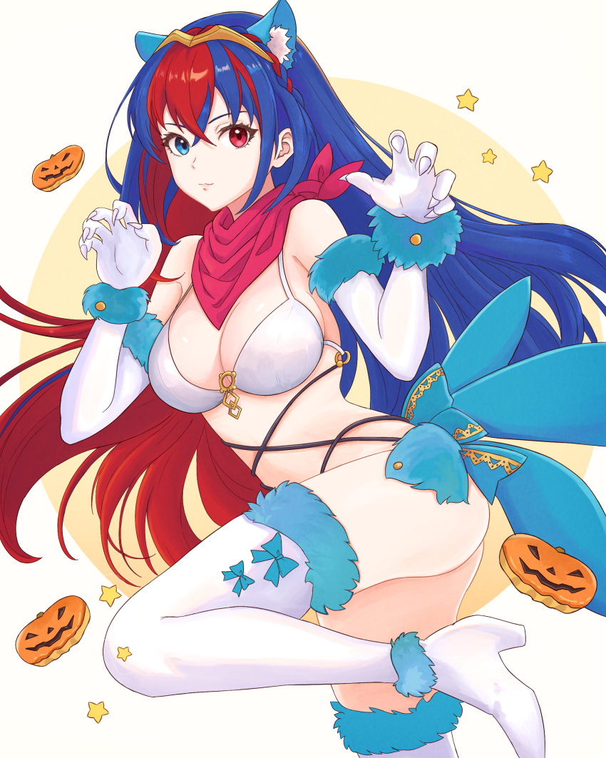 1girl 1girl 1girls absurd_res alear_(female)_(fire_emblem) alear_(fire_emblem) alluring alternate_costume animal_ears bikini bikini_top_only blue_eyes blue_hair boots claw_pose commentary cosplay elbow_gloves fake_animal_ears female_only fire_emblem fire_emblem_engage gloves halloween halloween_costume heterochromia high_res long_hair looking_at_viewer mash_kyrielight_(dangerous_beast)_(cosplay) multicolored_hair nintendo red_and_blue_hair red_eyes red_hair smile sommie_(fire_emblem) sommie_(fire_emblem)_(cosplay) stomach swimsuit thigh_high_boots truejekart very_long_hair white_footwear white_gloves