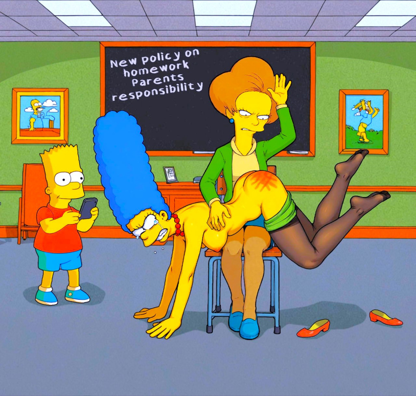 ai_generated ass bart_simpson breasts edna_krabappel erect_nipples marge_simpson spank_marks spanking stockings the_simpsons thighs