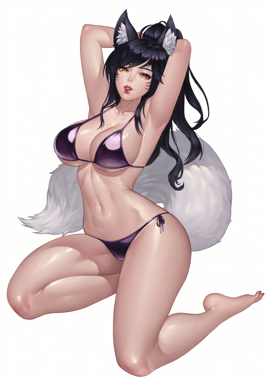 1girl ahri ahri_(league_of_legends) big_ass big_breasts bikini black_hair female_only fox fox_ears fox_girl long_hair posing seductive seductive_pose tail weni_(artist)