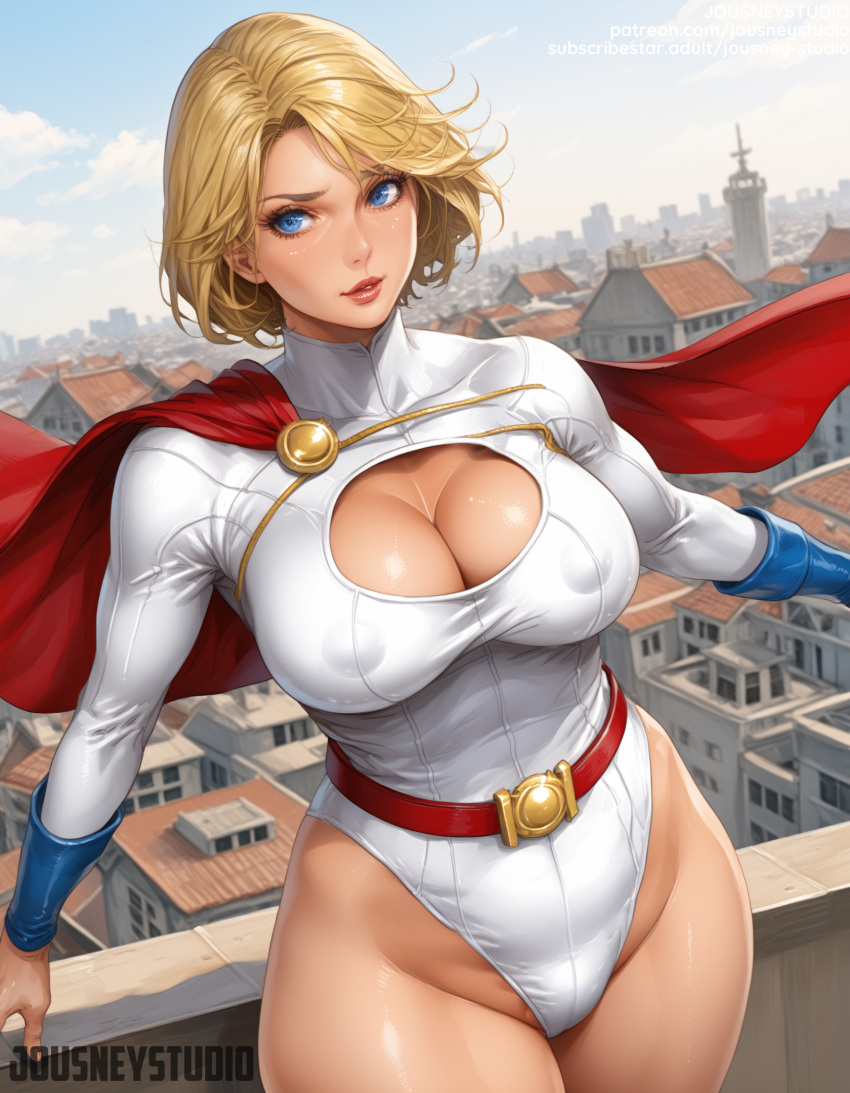 1girl 1girl 1girl ai_generated bangs belt big_breasts blonde_hair blue_eyes blue_gloves blue_sky breasts building cape city cleavage cleavage_cutout clothing clothing_cutout cloud cloudy_sky covered_navel day dc_comics female_only gloves highleg highleg_leotard jousneystudio kara_zor-l karen_starr leotard lips long_sleeves looking_at_viewer outside parted_lips power_girl red_cape shiny shiny_skin short_hair sky smile standing superhero superheroine superman_(series) thick_thighs thighs turtleneck white_leotard wide_hips