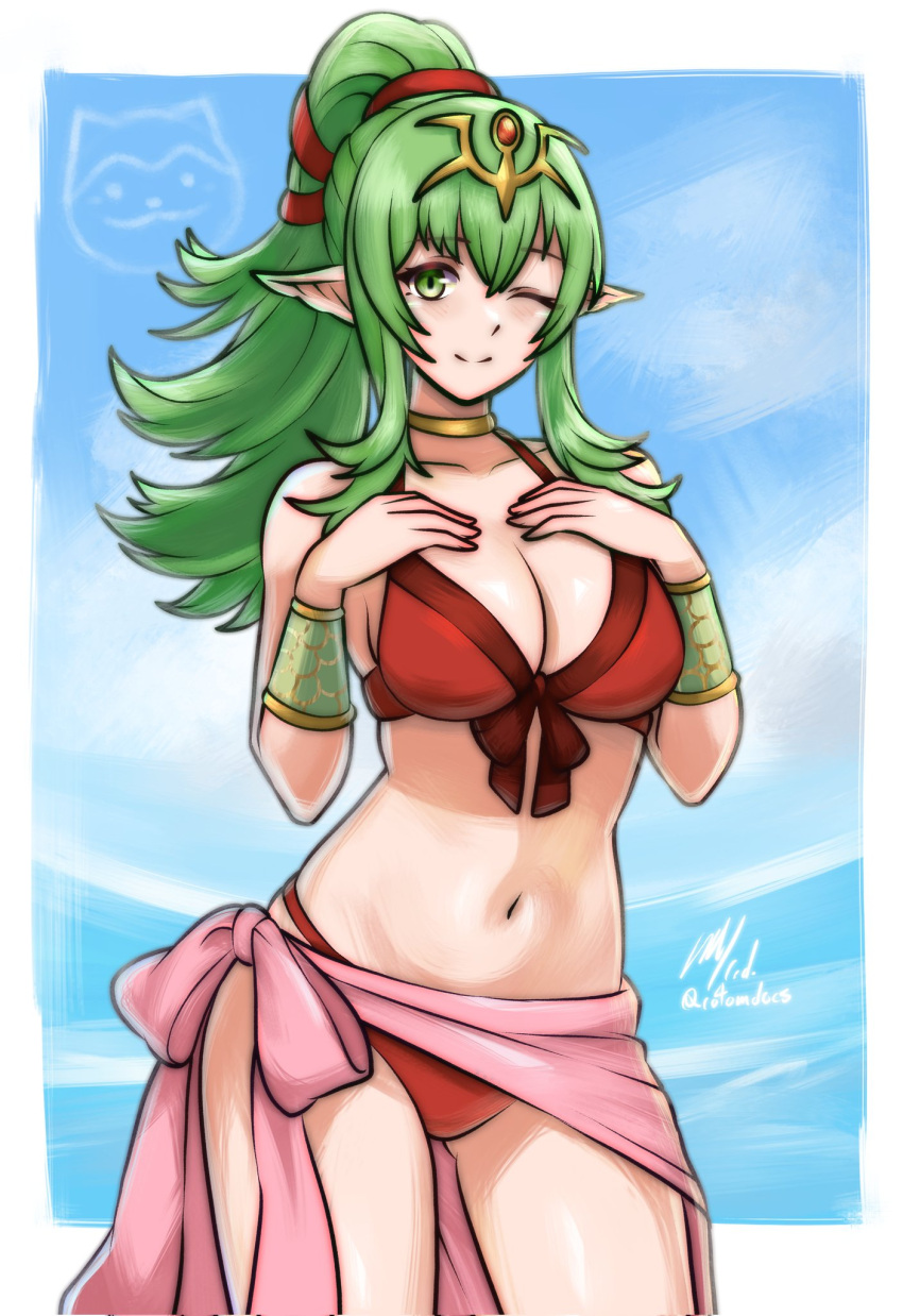 1girl alluring beach big_breasts bikini cleavage collarbone fire_emblem fire_emblem_awakening fire_emblem_heroes front-tie_bikini_top front-tie_top gold_choker green_eyes green_hair hair_ornament high_res jewelry long_hair looking_at_viewer navel nintendo official_alternate_costume one_eye_closed pink_sarong pointy_ears ponytail red_bikini ribbon rotomdocs sarong signature simple_background smile swimsuit tiara tiki_(adult)_(fire_emblem) tiki_(adult)_(summering_scion)_(fire_emblem) tiki_(fire_emblem)