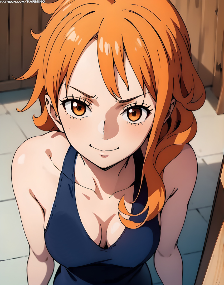 1girl 1girl 1girl bangs bare_arms bare_shoulders big_breasts blue_tank_top blush breasts brown_eyes clavicle cleavage closed_mouth clothing dress female_only indoors long_hair looking_at_viewer medium_breasts nami nami_(one_piece) one_piece orange_eyes orange_hair short_hair sleeveless smile tank_top upper_body