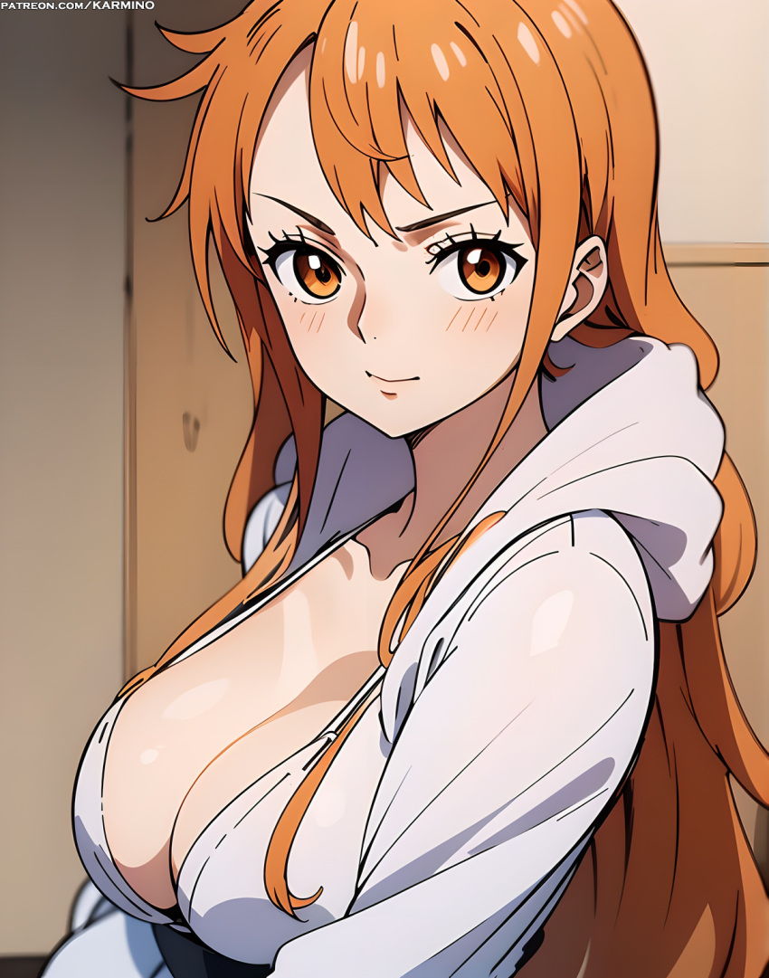 1girl 1girl 1girl bangs big_breasts blush breasts brown_eyes clavicle cleavage closed_mouth clothing female_only hood hood_down hooded_jacket hoodie jacket karmino long_hair long_sleeves looking_at_viewer nami_(one_piece) one_piece open_clothes orange_eyes orange_hair shirt sidelocks smile upper_body