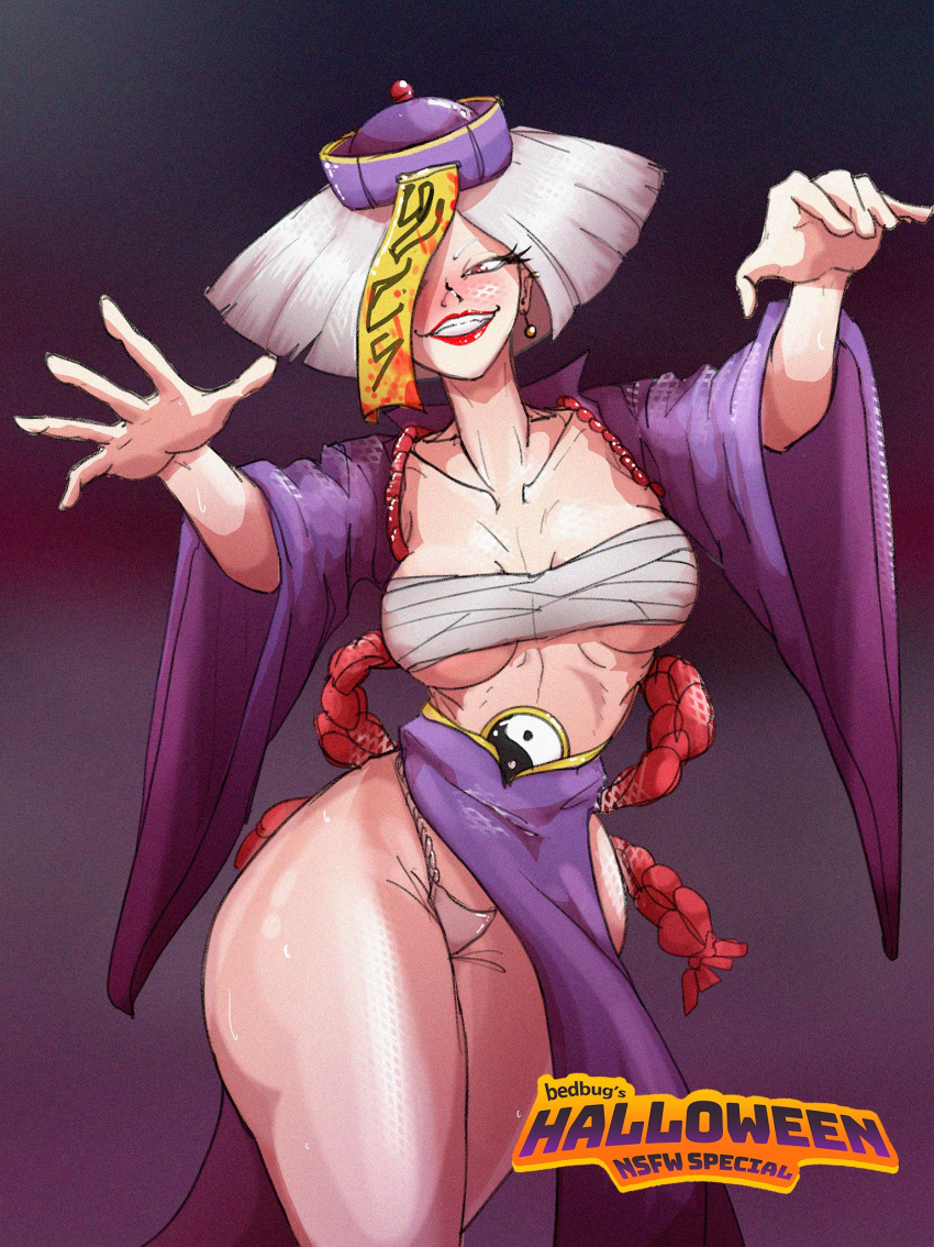 a.k.i. a.k.i._(street_fighter) bandage bedbug_(artist) blood_stain evil_grin grin jiangshi jiangshi_costume looking_at_viewer panties red_eyes street_fighter street_fighter_6 twitter vampire white_hair zombie