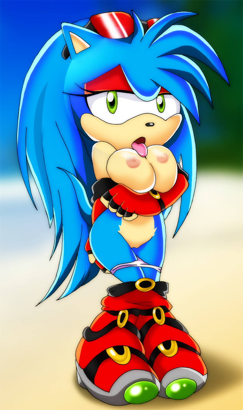 1girl anthro arm_under_breasts beach becky_the_hedgehog big_breasts blue_fur blue_hair breasts eulipotyphlan eyeshadow fan_character fingerless_gloves green_eyes hedgehog high_res horny horny_female inviting long_hair looking_at_viewer mammal mostly_nude nipples panties panties_down pants_down partially_clothed purity_the_hedgehog pussy red_eyeshadow shoes sonic_oc sonic_the_hedgehog_(series) sunglasses_on_head tail tongue tongue_out upscaled