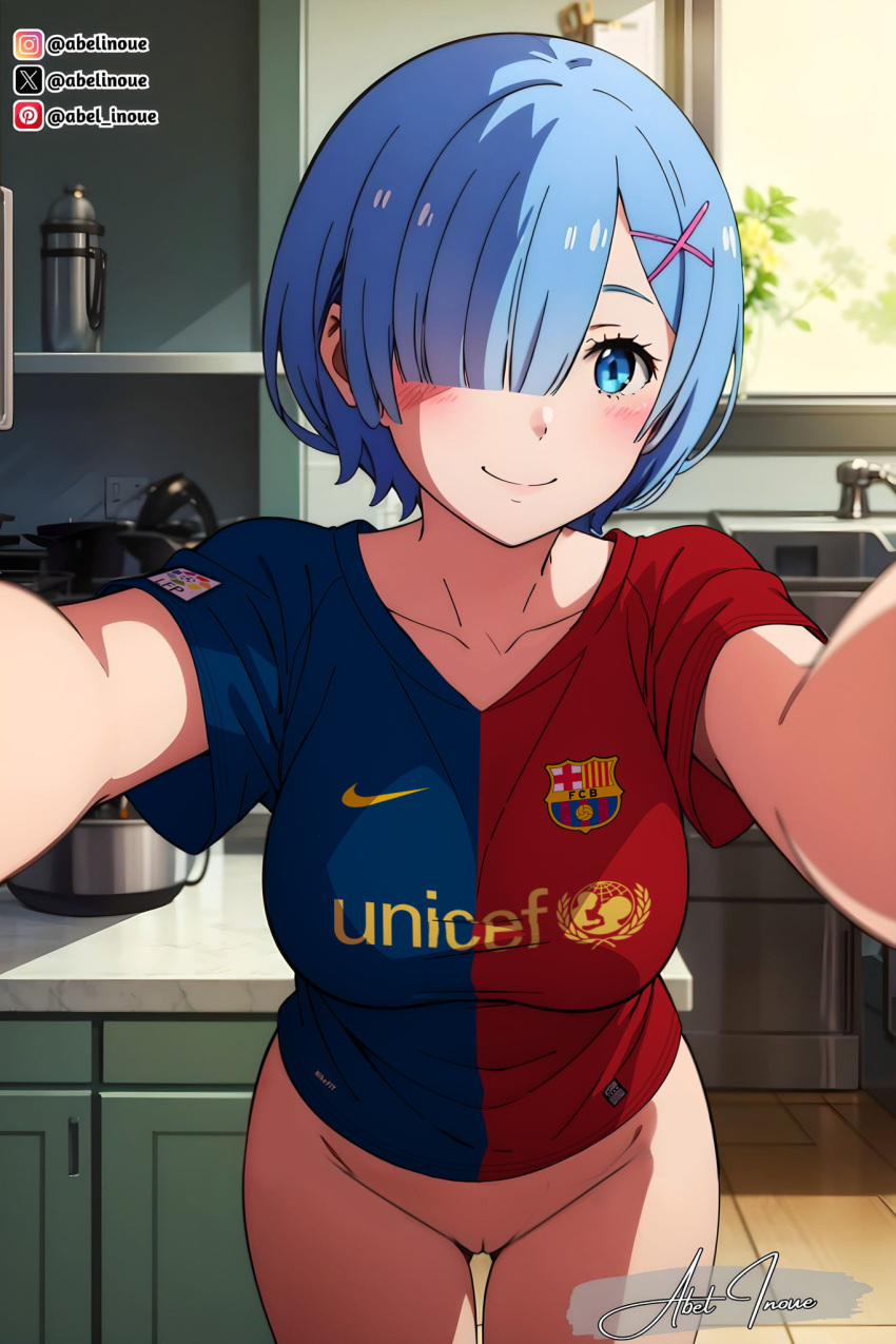 blue_eyes blue_hair bottomless fc_barcelona looking_at_viewer nekom14 no_panties one_eye_covered pussy re:zero_kara_hajimeru_isekai_seikatsu rem_(re:zero) selfpic short_hair soccer_jersey