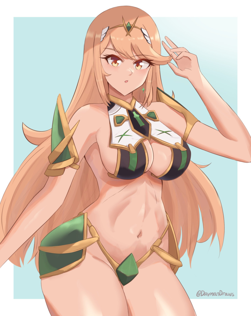 1girl 1girl 1girl alluring big_breasts blonde_hair cleavage daymandraws female_only metal_bikini mythra nintendo tagme xenoblade_(series) xenoblade_chronicles_2