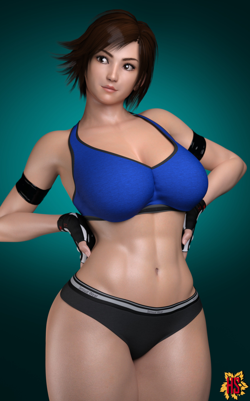 1girl 3d alluring athletic_female bra brown_hair female_abs female_only fingerless_gloves fit_female gloves hagiwara_studio hands_on_waist high_res kazama_asuka namco pin_up solo_female sports_bra tagme tekken tekken_7 tekken_8 tekken_tag_tournament_2 underwear