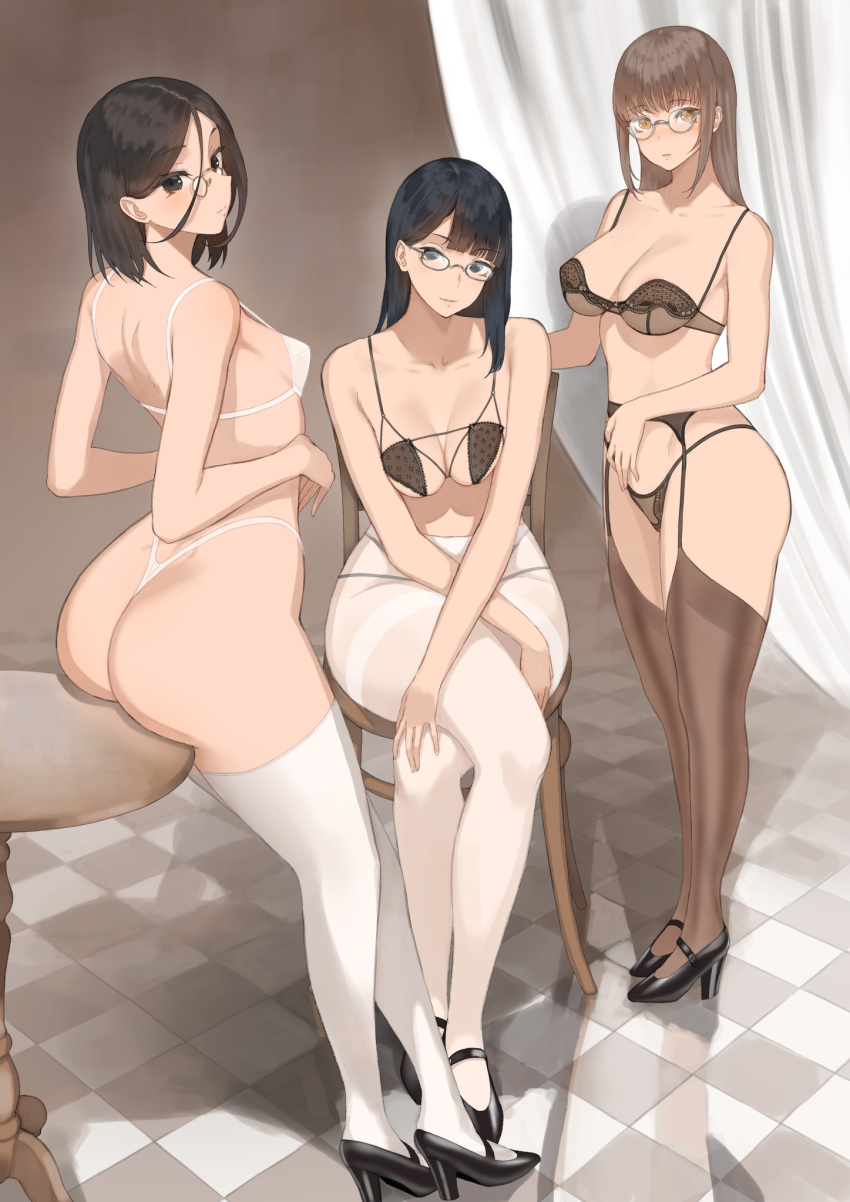 3_girls big_breasts bubble_butt cleavage horny inviting_to_sex looking_at_viewer maid maid_uniform pose stockings teasing thick_thighs throtem undressing