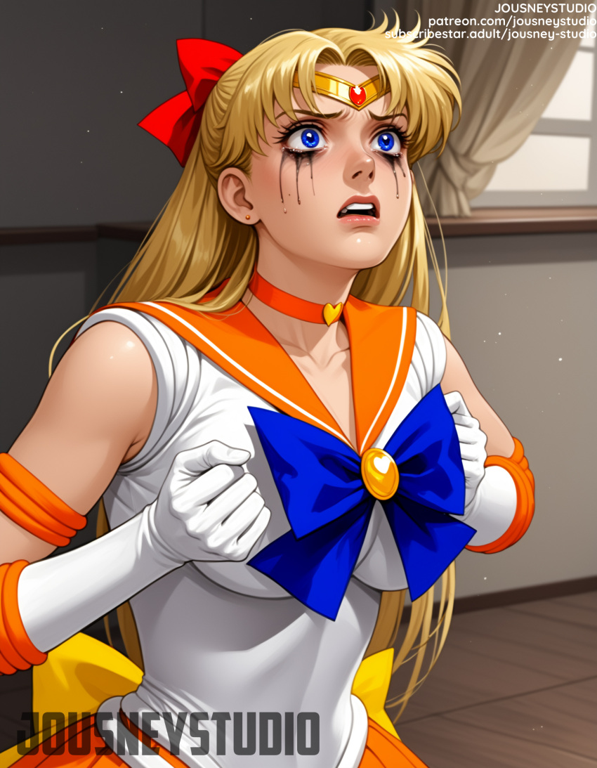 1girl 1girl 1girl ai_generated aino_minako back_bow bangs bare_shoulders big_breasts blonde_hair blue_bow blue_eyes blue_sailor_collar blush bow breasts choker circlet clenched_hands clothing crying curtains earrings elbow_gloves english_language english_text facial_mark gloves hair_bow hair_ornament heart indoors jewelry jousneystudio lips long_hair looking_at_viewer magical_girl makeup minako_aino open_mouth orange_choker orange_sailor_collar orange_skirt pink_lips pleated_skirt red_bow sailor_collar sailor_moon sailor_moon_(series) sailor_senshi_uniform sailor_venus skirt tears teeth text tiara uniform upper_body white_gloves window