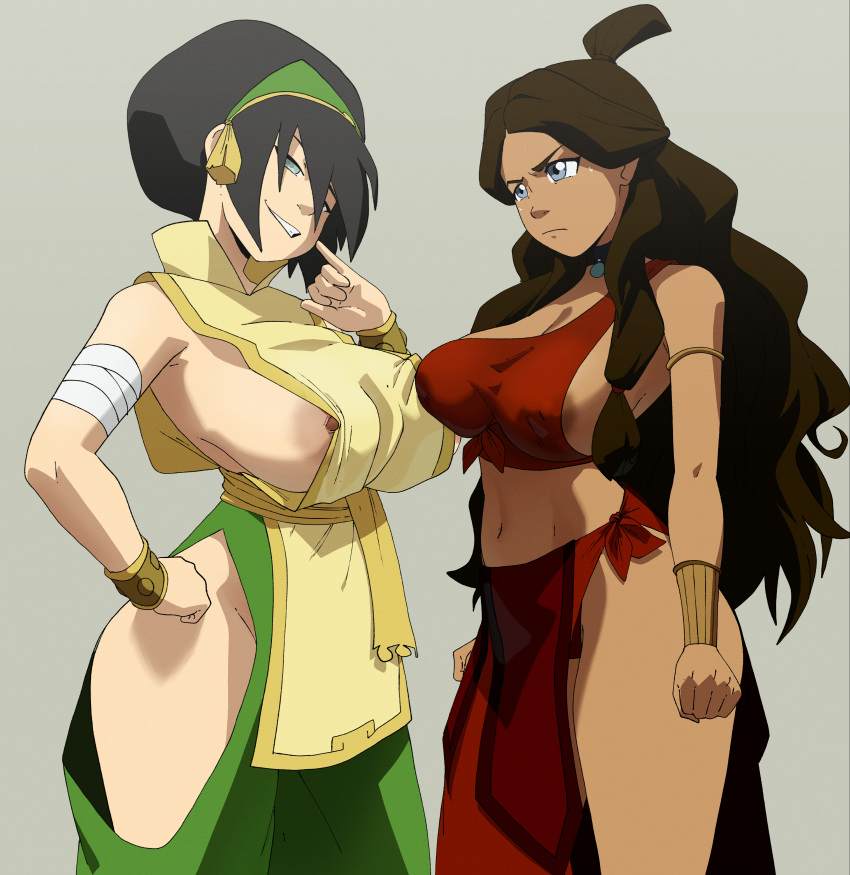 1girl 2_girls alternate_breast_size alternate_costume annoyed avatar:_the_last_airbender avatar_legends big_breasts blind breast_envy breasts drpizzaboi1 earth_kingdom female_only fire_nation_clothing grin huge_breasts human inker_comics inkershike katara little_girl loli loli_and_older_girl multiple_girls no_bra official_alternate_costume smug smug_face smug_grin teen teenage teenage_girl teenager thick_thighs thighs toph_bei_fong water_tribe young young_girl younger younger_female younger_girl