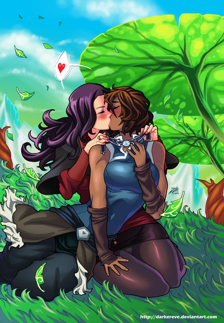 2_girls 2girls asami_sato avatar:_the_last_airbender black_hair blush blushing breasts brown_hair closed_eyes clothed couple dark-skinned_female dark_skin darkereve darwin_nunez eyeshadow female female/female female_only hair heart interracial kissing korra lipstick long_hair makeup multiple_girls mutual_yuri necklace outside panties pantyhose pink_lipstick purple_hair short_hair sitting skirt sleeves stockings tank_top the_legend_of_korra yuri