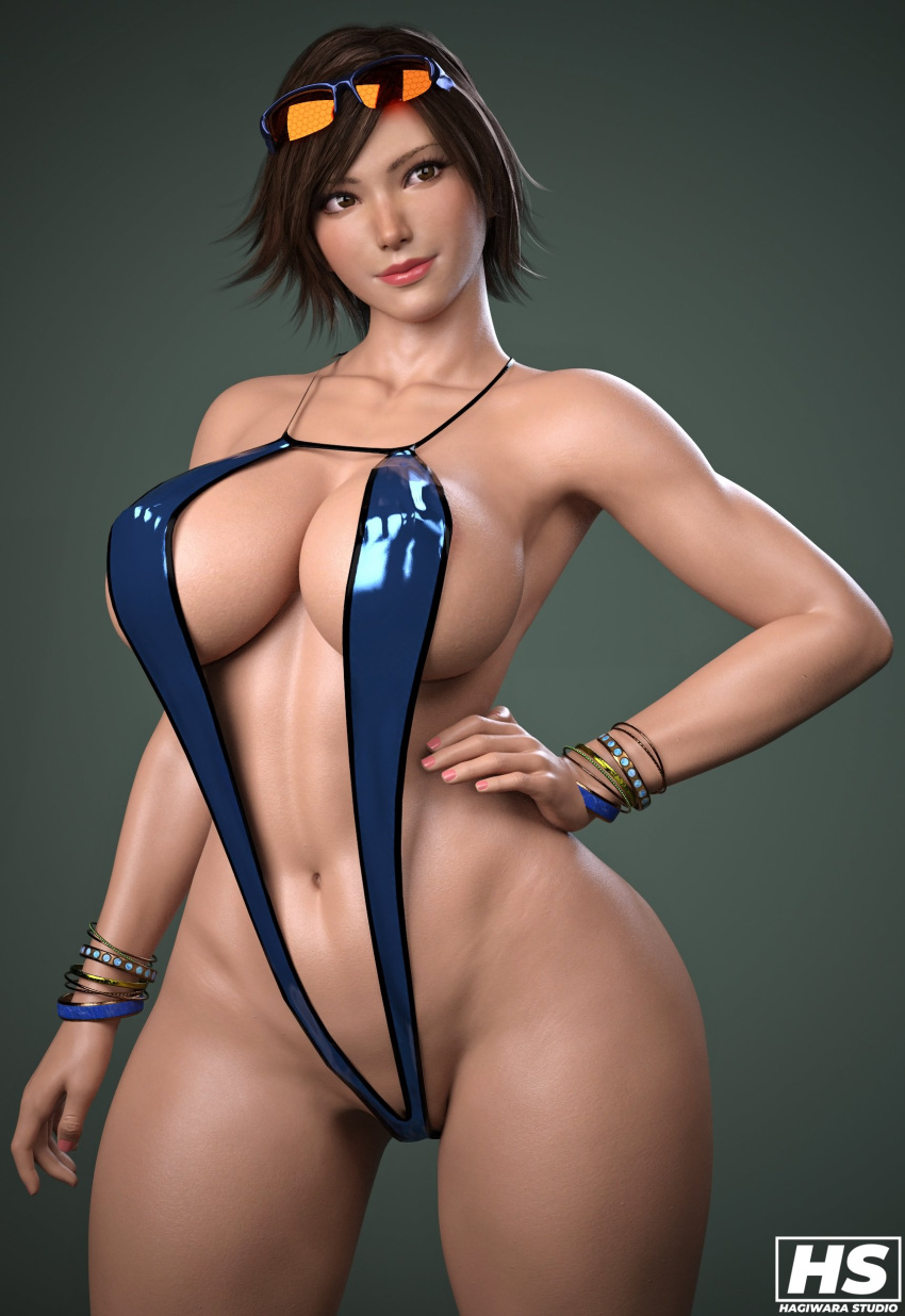 1girl 3d alluring athletic_female bare_legs big_breasts bikini curvaceous curvy curvy_body curvy_female curvy_figure female_abs fit_female hagiwara_studio hand_on_hip kazama_asuka namco sling_bikini sunglasses sunglasses_on_head tekken thighs tomboy voluptuous