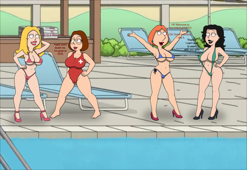 4girls american_dad big_breasts bikini blonde_hair brown_hair brunette cameltoe dialogue family_guy foursome francine_smith goth goth_girl high_heels lifeguard lifeguard_swimsuit lois_griffin meg_griffin one-piece_swimsuit pool sexfightfun sexfightfun_(character) smiley_face swimsuit yuri