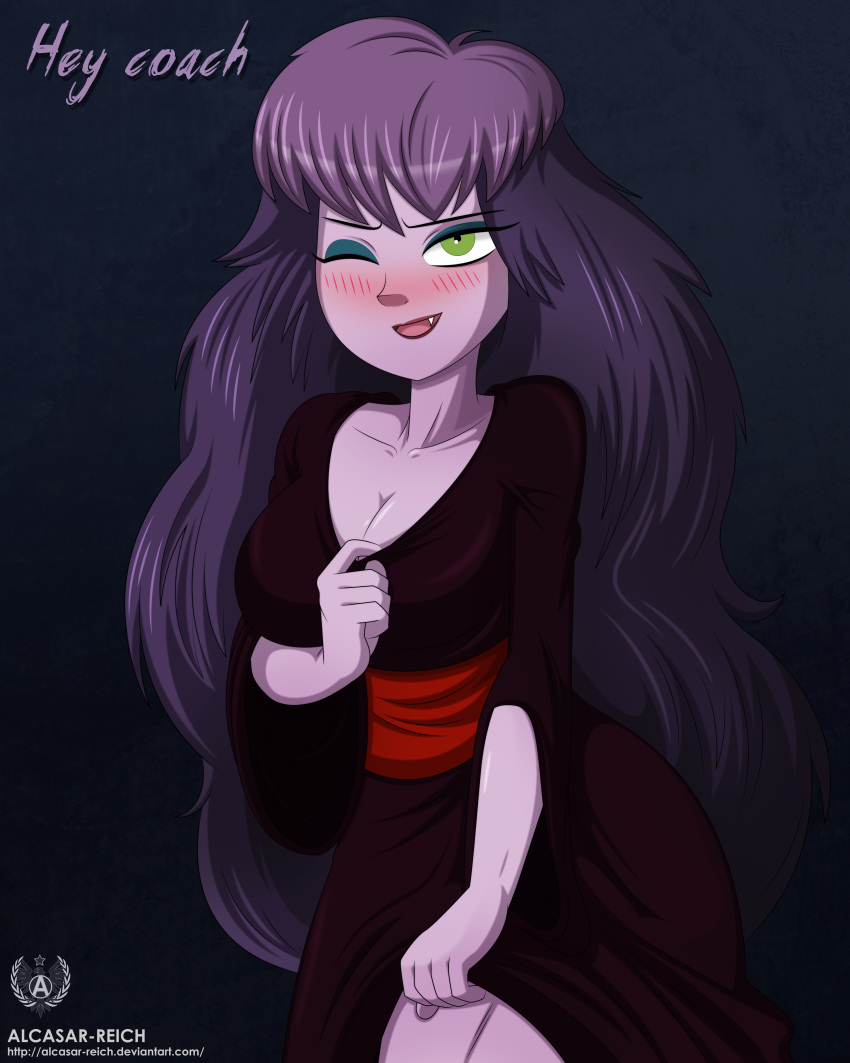 1girl alcasar-reich blush breasts cleavage dialogue dress dress_lift fang female_only ghoul_school gradient_background green_eyes hanna-barbera long_hair looking_at_viewer makeup mascara one_eye_closed open_mouth purple_hair sibella_dracula thighs vampire very_long_hair wide_hips