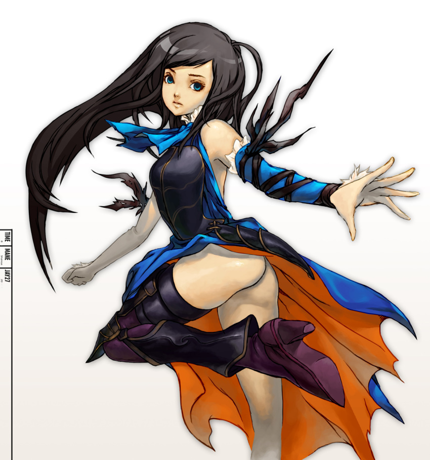 bare_shoulders black_hair blue_eyes boots castlevania castlevania:_order_of_ecclesia high_heels highres jay27 long_hair no_panties order_of_ecclesia shanoa shoes thighhighs