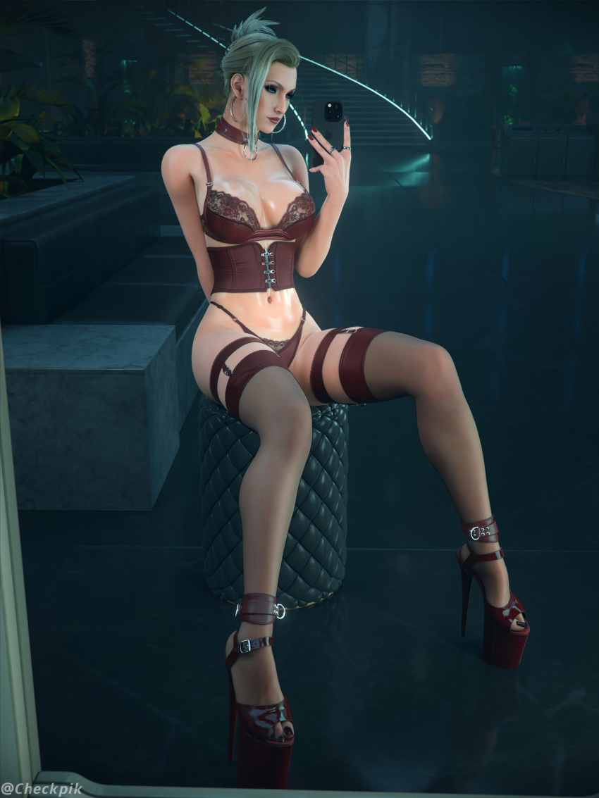 1girl 1girls 3d 3d_(artwork) apple art blonde_hair checkpik digital final_fantasy final_fantasy_vii final_fantasy_vii_remake light-skinned_female phone red_nails scarlet_(ffvii) smartphone tagme