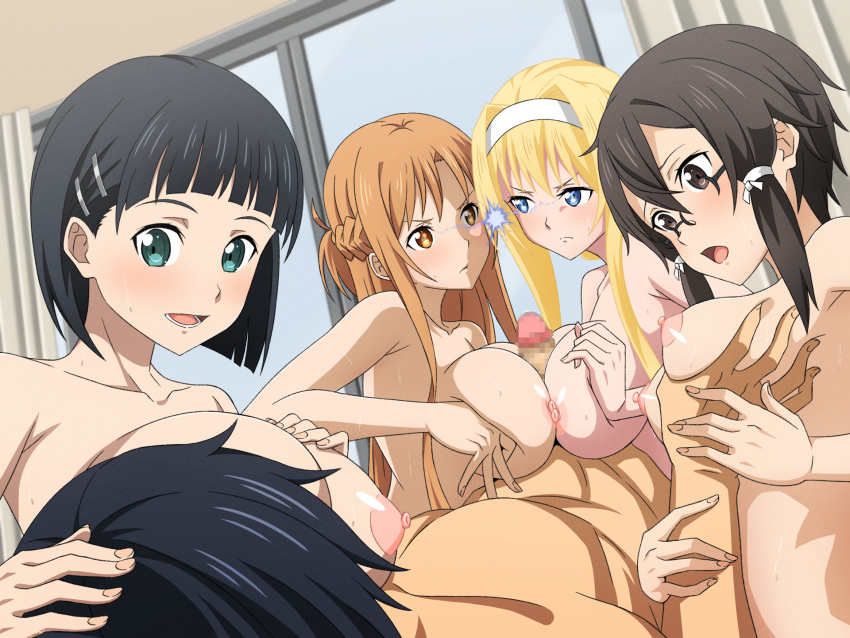 1boy 4girls alice_schuberg anime_coloring annoyed aqua_eyes asuna_(sao) big_breasts black_eyes black_hair blonde_hair blue_eyes braid breasts_squeezed_together brown_eyes brown_hair censored commentary cooperative_paizuri glaring glasses grabbing_another's_breast groping hairband half_up_braid harem high_res indoors kirigaya_suguha kirito lightning_glare long_hair medium_breasts mosaic_censoring multiple_girls mysteryctu nipples nude open_mouth paizuri penis short_hair sinon smile straight sword_art_online teamwork_(sexual) white_hairband