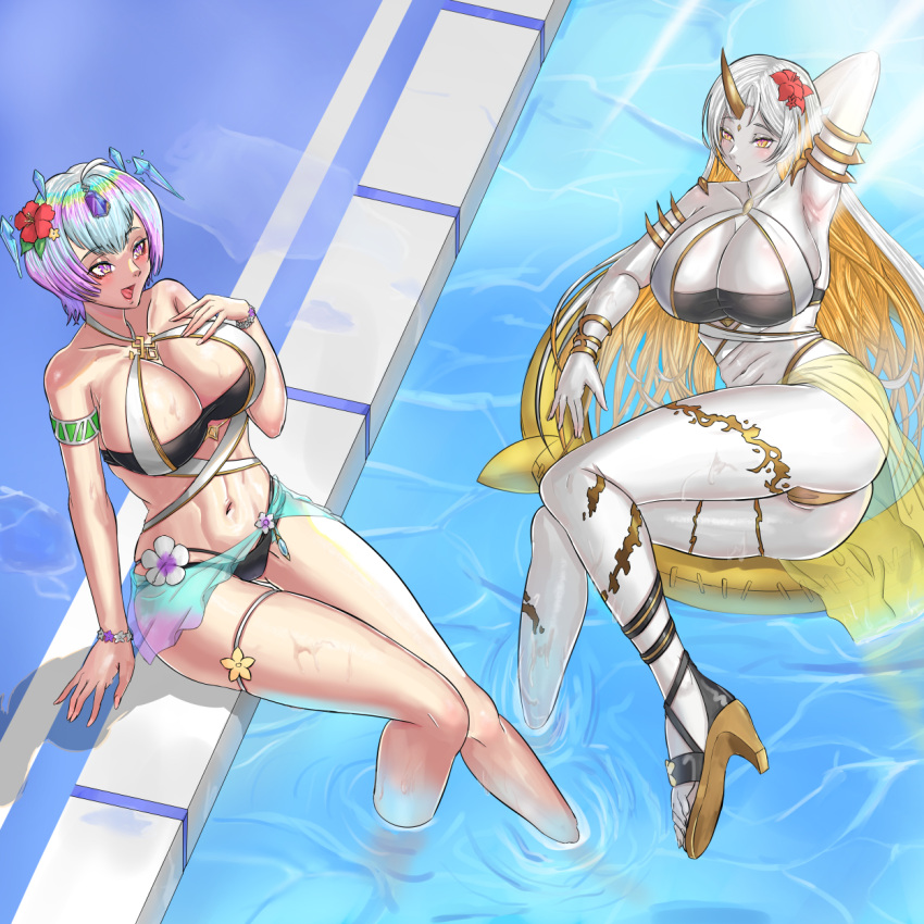 2_girls alboire alluring amber_eyes athletic_female big_breasts bikini blue_hair female_abs fire_emblem fire_emblem_heroes fit_female gullveig_(fire_emblem) intelligent_systems nintendo pin_up seidr_(fire_emblem) silver_hair swimming_pool