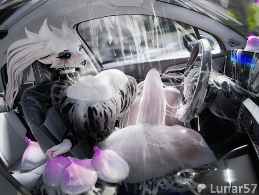 1girl 3d 4:3 absurd_res after_orgasm anthro big_breasts big_penis black_lips black_lipstick bodily_fluids bottomless breasts bukkake car clothed clothing condom cum cum_covered_breasts excessive_cum excessive_genital_fluids filled_condom fur futanari generation_5_pokemon genital_fluids genitals high_res huge_breasts huge_cock inside_car inside_vehicle intersex legendary_pokemon lips lipstick lunar57 makeup messy nintendo partially_clothed penis pokemon pokemon_(species) purple_condom reshiram running_makeup running_mascara sexual_barrier_device topwear topwear_only vehicle white_body white_fur