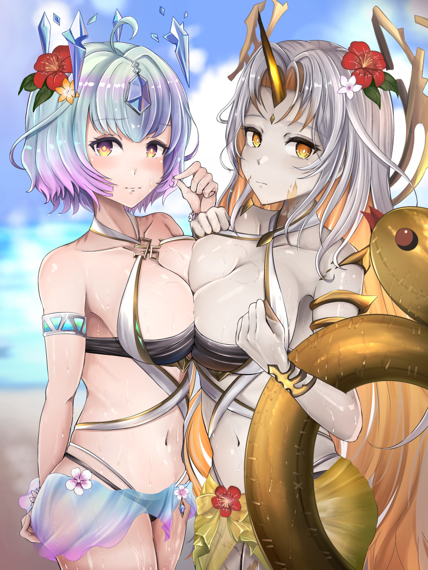 2_girls absurd_res alluring alternate_costume asymmetrical_docking beach big_breasts bikini black_bikini bowl_cut breast_press cleavage colored_skin dual_persona female_focus fire_emblem fire_emblem_heroes flower grey_skin gullveig_(fire_emblem) gullveig_(summer)_(fire_emblem) hair_flower hair_ornament high_res holding holding_swim_ring horns innertube intelligent_systems long_hair medium_breasts multicolored_hair multiple_girls navel nenemu0 nintendo ocean official_alternate_costume outside sarong see-through_clothes seidr_(fire_emblem) seidr_(summer)_(fire_emblem) short_hair single_horn swim_ring swimsuit white_bikini yellow_eyes yellow_sarong