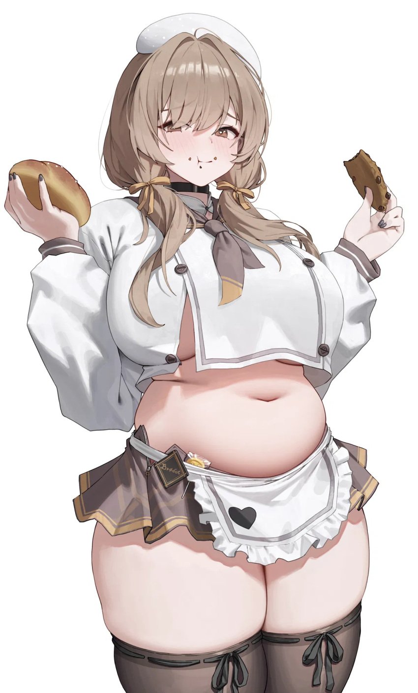1girl 2d 2d_(artwork) 2d_art 2d_artwork android apron bangs bare_belly bare_hands bare_thighs barely_clothed belly belly_bulge belly_button big_breast big_breasts black_choker black_legwear black_nail_polish black_nails black_ribbon blush bonnet bread bready_(nikke) breasts brown_eyes brown_hair brunette brunette_female button_down_shirt buttoned_shirt buttons chewing child_bearing_hips chin chocolate choker chubby clear_skin close-up close_up close_up_view closed_mouth closeup closeup_view clothed clothed_female clothing collar cookie crease crumbs curvy curvy_body curvy_female curvy_figure curvy_hips curvy_thighs cute cute_face cyborg dark_nails dirty dirty_face drawing ear ears eating embarrassed exposed_torso eyebrows eyebrows_visible_through_hair eyelashes eyelashes_visible_through_hair eyes eyes_visible_through_hair fabric face fair-skinned_female fancy fat_belly fat_girl fat_legs fat_thighs fat_woman feet_out_of_frame female_only food forehead front_braid goddess_of_victory:_nikke hair hair_between_eyes hand hands hankerchief headwear heart heart_shaped_pupils heart_symbol high_quality high_res high_resolution holding_food holding_object huge_breasts huge_tits human human_only implied_nudity jacket jacket_open jacket_partially_removed knees_out_of_frame light-skinned_female light_skin lighting long_hair long_sleeves massive_breasts massive_thighs messy micro_skirt midriff midriff_baring_shirt mouth nail_polish nick7 nipples_covered no_gloves no_panties_under_skirt no_pants no_watermark pale pale-skinned_female pale_skin pale_skinned_female plump plus_size polka_dot polka_dot_hat pupils ribbon ribbons semi_clothed semi_nude shade shaded shading shadow shadows shiny short_skirt slut small_clothes smooth_skin stockings striped_sleeves sweet thick_breasts thick_hips thick_legs thick_thighs thighs too_small_clothes twin_braids unbuttoned_shirt under_boob undersized_clothes undersized_clothing wavy_hair wheat white_background white_clothing white_collar
