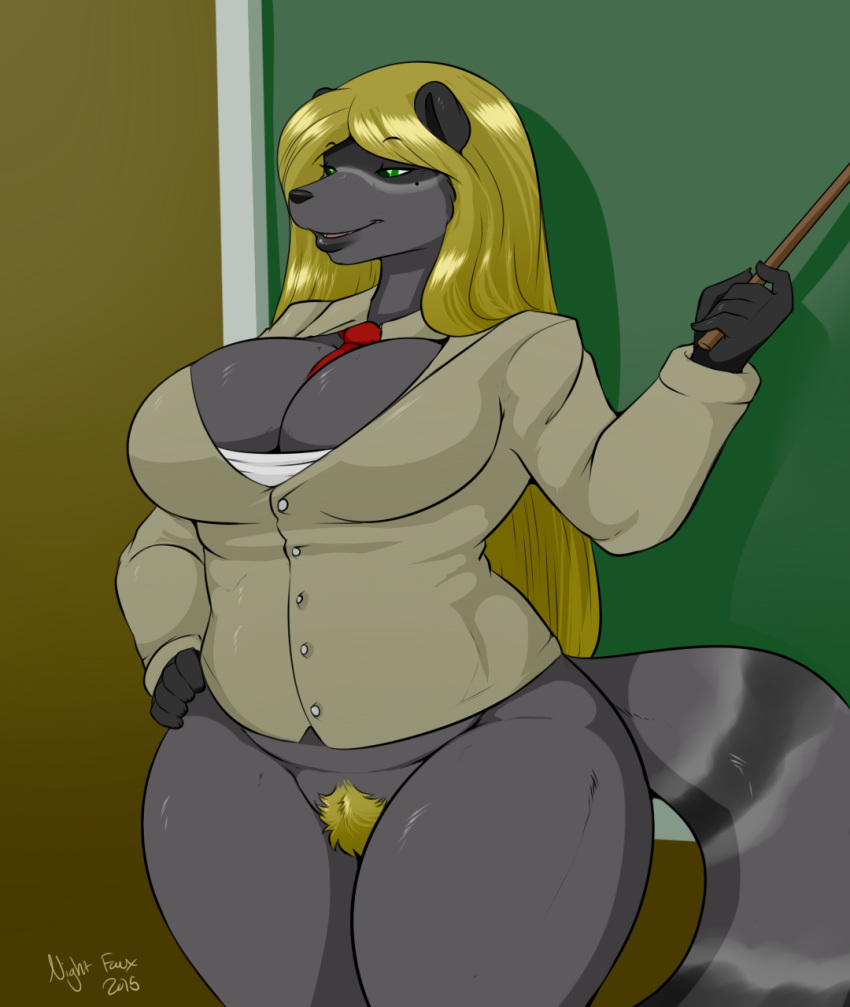 big_breasts blonde_hair breasts clothed clothing female fluffy_tail fur furry green_eyes grey_fur hair half-dressed mammal milf naomi_rasputin nightfaux original parent raccoon solo teacher