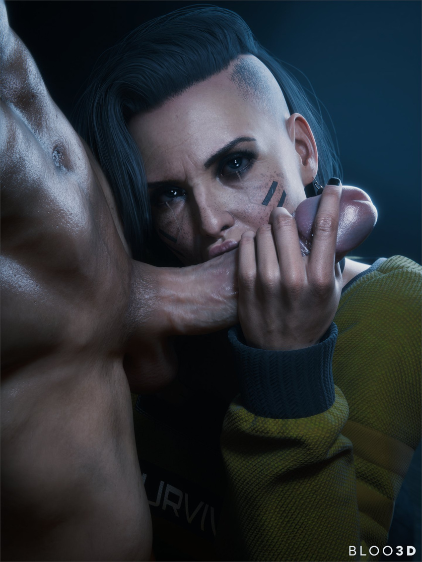 1boy 1girl 1girls 2025 3d black_nail_polish bloo3d clothed clothed_female completely_nude cybernetics cyberpunk_2077 dark_room duo foreplay handjob_while_sucking kissing_penis long_hair looking_at_viewer male mature_female mouth_on_penis nail_polish nude nude_male oral painted_nails penis rogue_amendiares shaved_side straight straight_sex