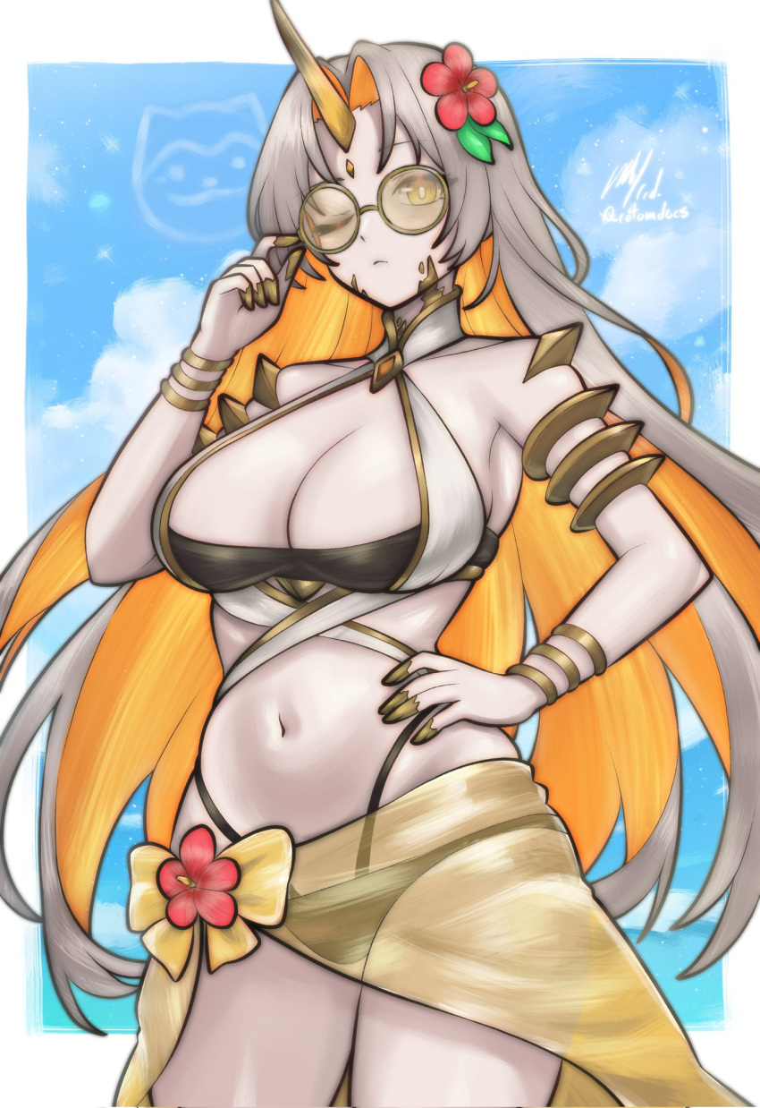 1girl 1girl alluring big_breasts bikini black_bikini blonde_hair blush cleavage colored_inner_hair commentary english_commentary fire_emblem fire_emblem_engage fire_emblem_heroes flower forehead grey_hair gullveig_(fire_emblem) gullveig_(summer)_(fire_emblem) hair_flower hair_ornament hand_on_own_hip high_res horns intelligent_systems long_hair looking_at_viewer multicolored_bikini multicolored_hair navel nintendo official_alternate_costume one_eye_closed pale_skin red_flower rotomdocs round_eyewear sarong see-through_clothes see-through_sarong signature single_horn sommie_(fire_emblem) sunglasses swimsuit twitter_username two-tone_bikini two-tone_hair very_long_hair white_bikini yellow-framed_eyewear yellow_horns yellow_sarong