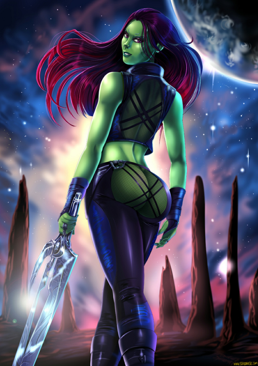 1girl 1girl 1girl alien ass comic_book_character female_focus female_only gamora green_skin guardians_of_the_galaxy latex long_hair looking_back marvel marvel_cinematic_universe mcu red_eyes red_hair see-through shadman skin_tight smile solo_female solo_focus standing sword tagme tight_clothes weapon