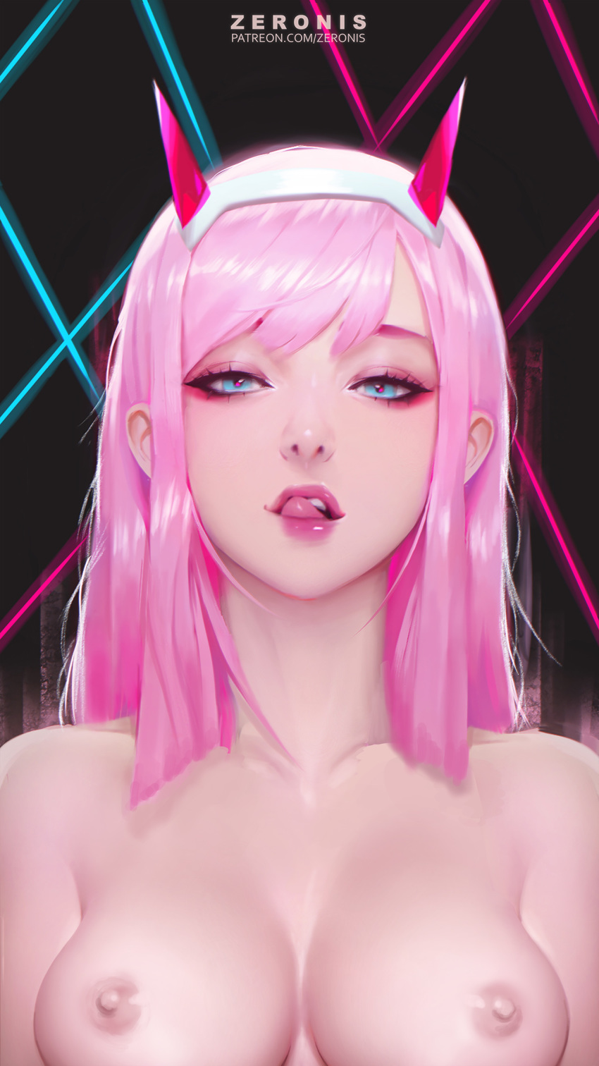 1girl 1girl 1girl blue_eyes breasts darling_in_the_franxx female_only high_resolution horns licking_lips long_hair nude pink_hair potential_duplicate tongue tongue_out topless upper_body zero_two_(darling_in_the_franxx) zeronis