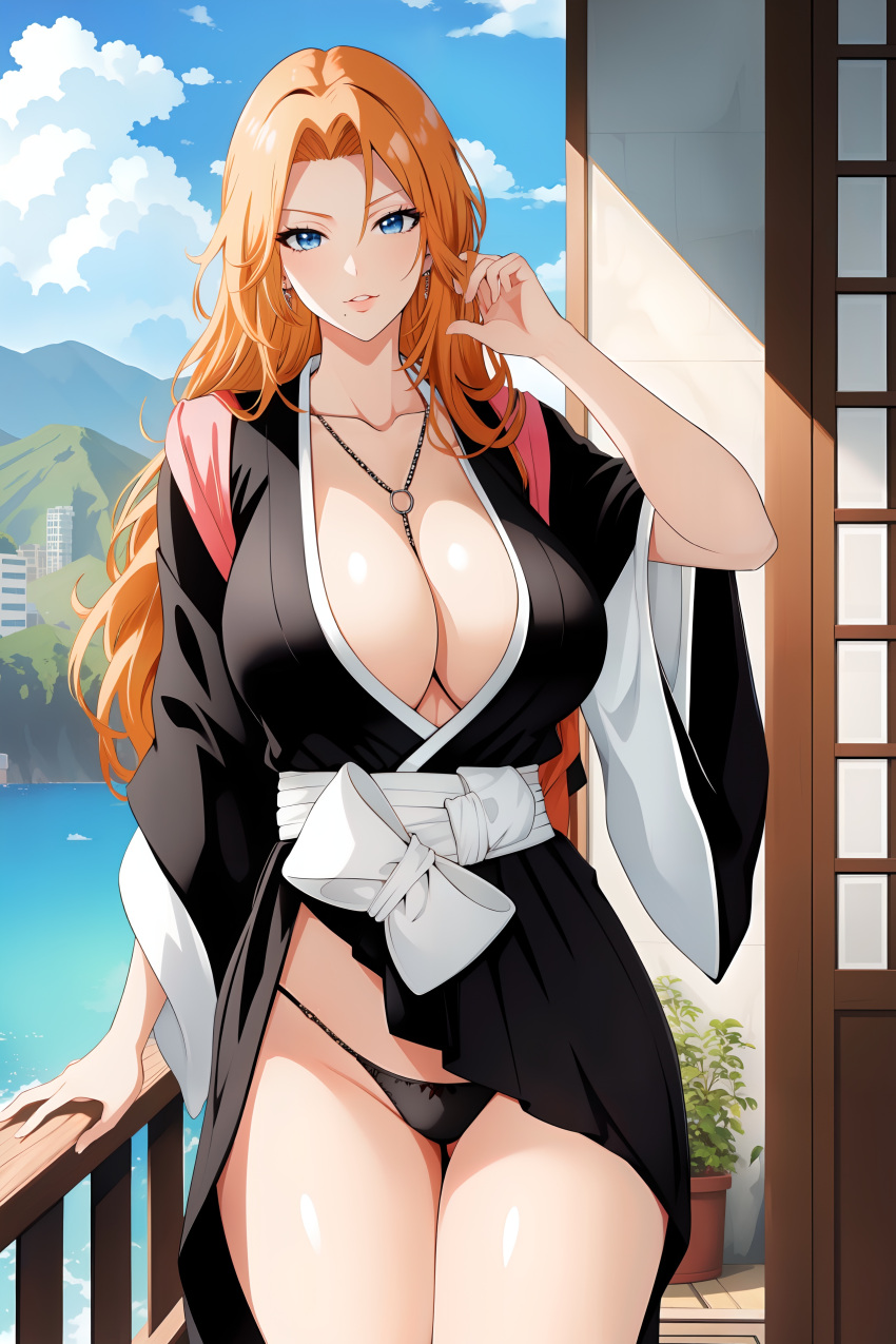 1girl ai_generated big_breasts black_panties bleach breasts female_only huge_breasts long_hair matsumoto_rangiku mature_female orange_hair panties pervert pervert_female sex_invitation sexually_suggestive