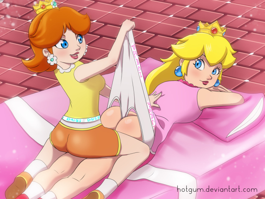 2girls ass bed blonde_hair blue_eyes blush breasts brown_hair clothed crown earrings hair hotgum multiple_girls naughty princess_daisy princess_peach smile super_mario_bros. wedgie yuri