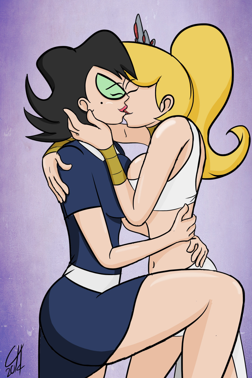 big_breasts blonde_hair breasts cartoon_network eleanor_butterbean eris_(billy_&_mandy) glasses goddess kissing ms._butterbean symmetrical_docking the_grim_adventures_of_billy_and_mandy tiara tooth_gap yuri