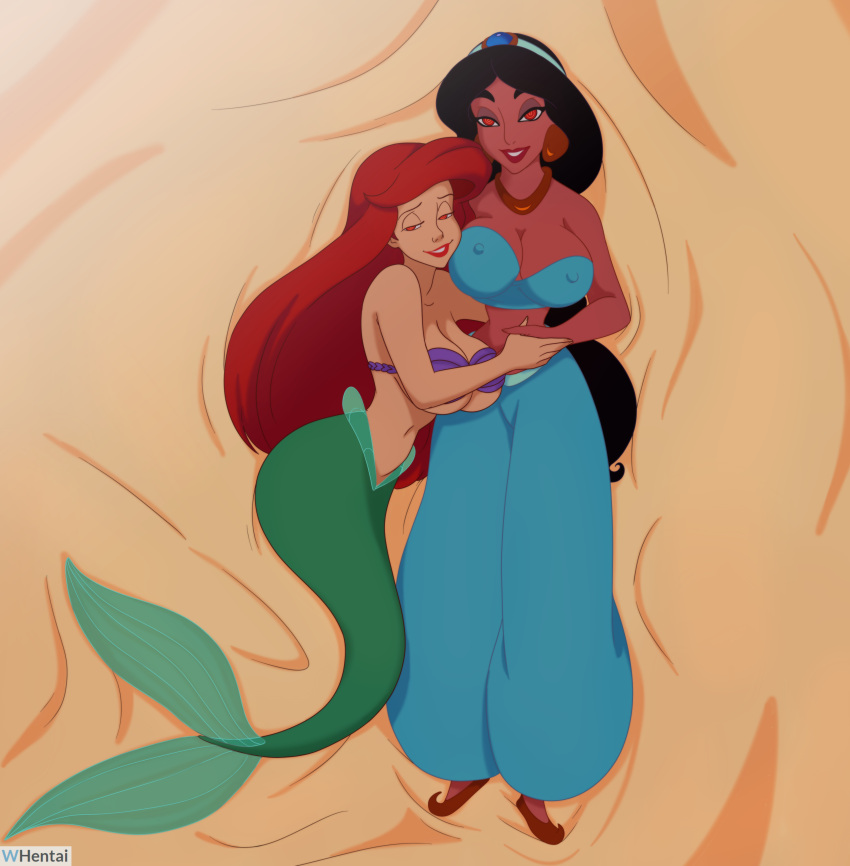 1girl 2_girls aladdin_(series) big_breasts black_hair crossover dark-skinned_female dark_skin disney disney_princess earrings female_only femsub fish_girl happy_trance harem_outfit high_res inusen long_hair mermaid open_mouth png princess_ariel princess_jasmine red_hair spiral_eyes the_little_mermaid whentai