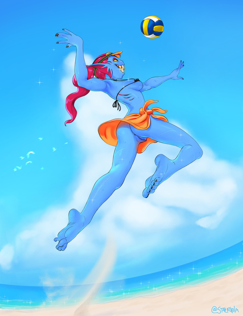 1girl 2d 2d_(artwork) alternate_version_available anthro anthro_only artist_name ass beach blue_body blue_skin bra breasts cap day deltarune digital_media_(artwork) ear_fins eyepatch feet female_anthro female_only fins fish fish_girl gills gills_on_chest hair hat head_fins long_hair marine monster monster_girl muscle muscular muscular_anthro muscular_female nipple_bulge nipples nipples_visible_through_clothing no_panties non-mammal_breasts painted_nails painted_toenails pointy_nipples ponytail pussy pussy_peek pussy_slip red_hair red_ponytail scars sharp_teeth sky slit_pupils small_bra soles solo_anthro solo_female staerk teeth third-party_source toes twitter twitter_username undertale undertale_(series) undyne video_game_character video_games visor_cap volleyball yellow_sclera yellow_teeth