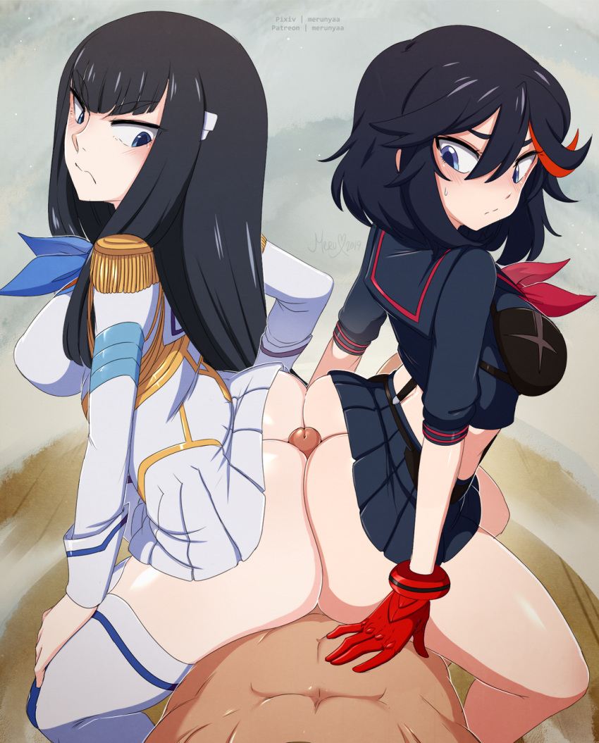 1boy 2_girls big_breasts black_hair buttjob clothed_female_nude_male clothed_sex covered_buttjob dark-skinned_male double_buttjob dress_lift embarrassed excited female_focus ffm_threesome kill_la_kill large_breasts long_hair looking_at_penis looking_back lucky_guy merunyaa no_panties penis_in_ass pov shiny_skin sitting_on_person skirt_lift threesome uncensored white_legwear