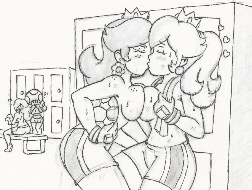 4girls blush breasts crown earrings kissing locker_room lockers ponytail princess_daisy princess_peach princess_rosalina rosalina short_shorts soccer_ball sports super_mario_bros. supergon55 sweaty symmetrical_docking toadette topless yuri