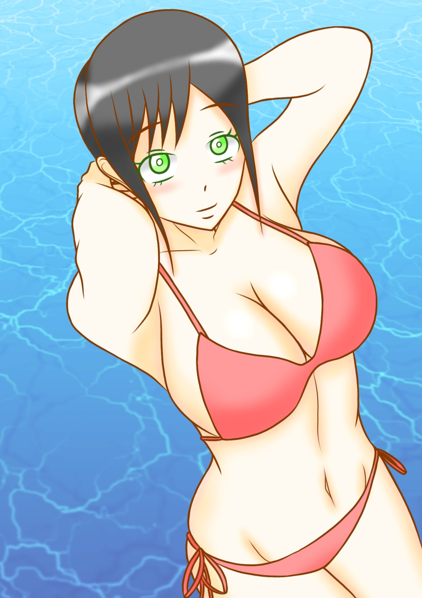 1girl alluring big_breasts bikini black_hair green_eyes hammie_(uchuu_sentai_kyuuranger) mokuro_(artist) pool pose super_sentai swimsuit uchuu_sentai_kyuuranger