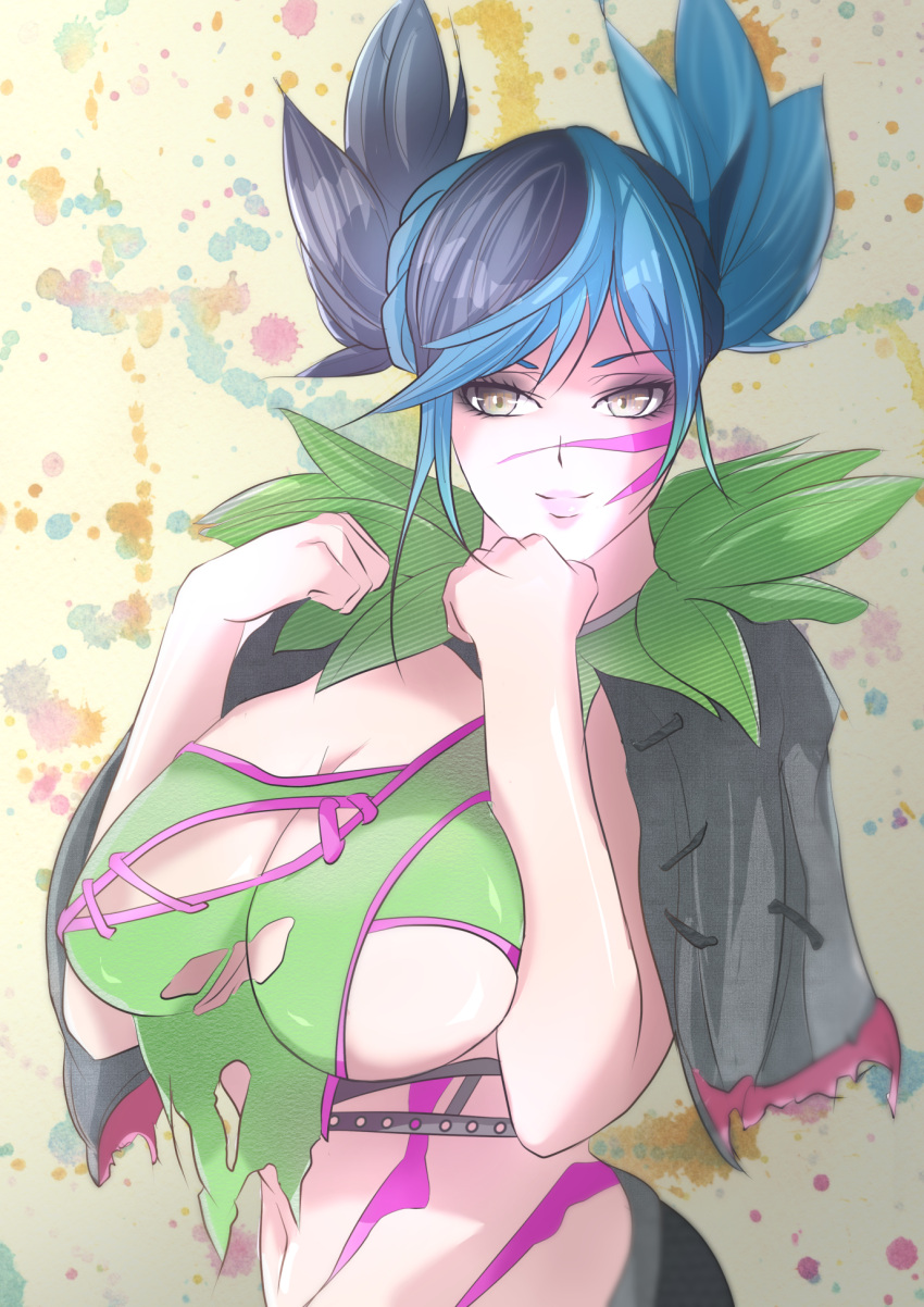 1girl alluring big_breasts black_and_green_hair cleavage isola pink_markings_on_body project_soul sideboob soul_calibur soul_calibur_iii soul_calibur_vi tira