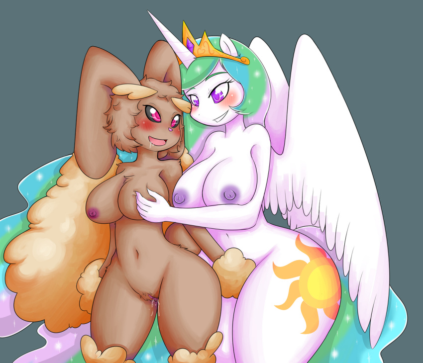 1girl 2014 anthro anthrofied basketgardevoir blush breasts brown_fur brown_hair crossover cutie_mark duo equine female/female friendship_is_magic fur furry hair horn lagomorph long_ears lopunny mammal multicolored_hair my_little_pony navel nintendo nipples nude open_mouth pink_eyes plain_background pokemon princess_celestia purple_eyes purple_nipples pussy pussy_juice rabbit smile standing video_games winged_unicorn wings