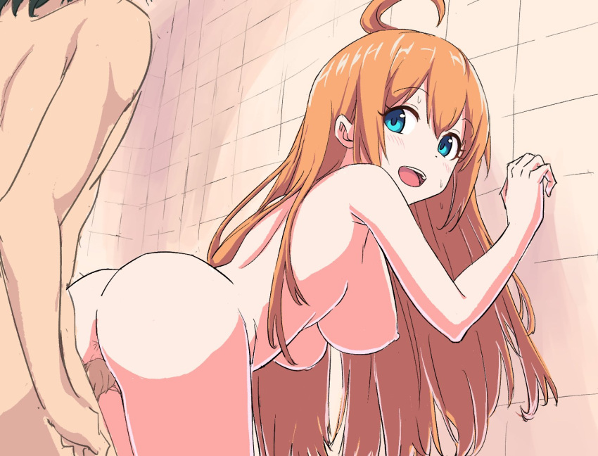 1boy 1girl 1girl :d against_wall ahoge anus arched_back ass back bangs bent_over big_breasts blue_eyes blush breasts completely_nude hair_over_shoulder happy_sex hetero indoors long_hair looking_back male nipples nude open-mouth_smile open_mouth orange_hair pec pecorine_(princess_connect!) penis princess_connect! puriketsu03 pussy sex smile solo_focus standing standing_sex sweat vaginal