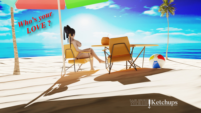 1girl 1girl 3d 3d_(artwork) beach black_hair chair dead_or_alive dead_or_alive_5 dead_or_alive_5_last_round doa female_focus female_only nude nude_female nyotengu sand seaside sitting solo_female solo_focus violet_eyes whiteketchups