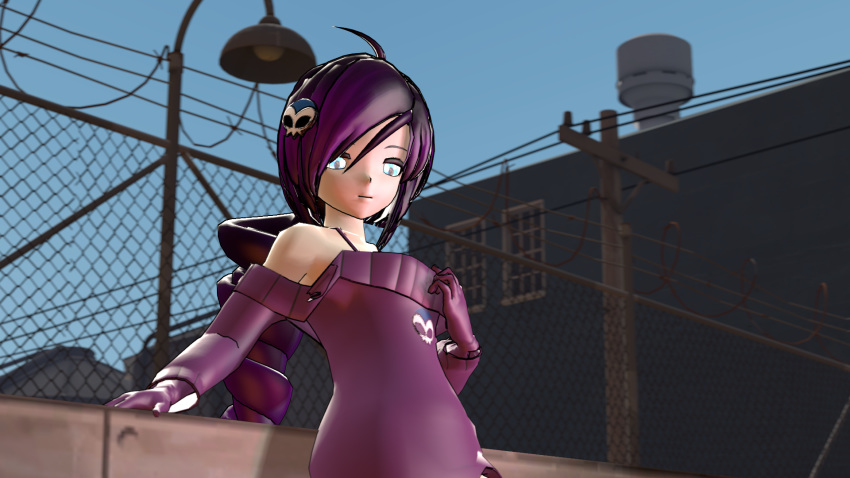 1girl 3d bedroom_eyes blue_eyes borrowed_character bra cgi comrade_lenin glowing_eyes hair human leaning_back long_hair looking_at_viewer naked_sweater off-shoulder_sweater original purple purple_clothes purple_hair source_filmmaker sweater_dress team_fortress_2 zone-tan